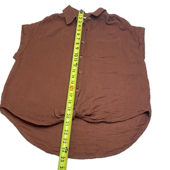 Japna Cap Sleeve Tank Top Button Up Warm Brown Loose Fit Front Tie Women Size M - Picture 10 of 10